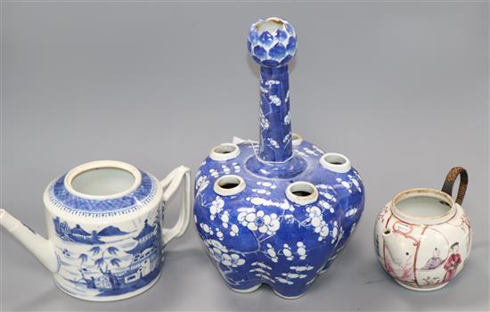 Two Chinese tea pots and a crocus vase